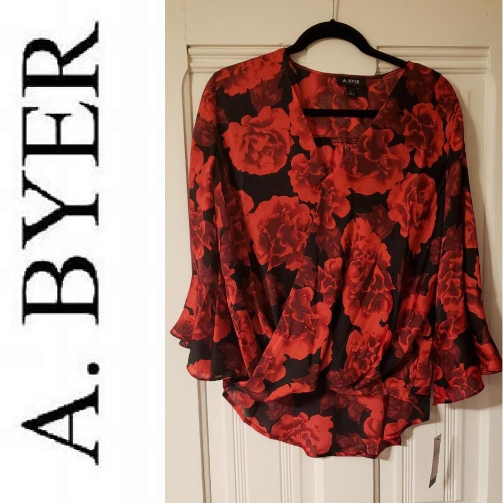 Large A.Byer Red Rose Silky Wrap Shirt